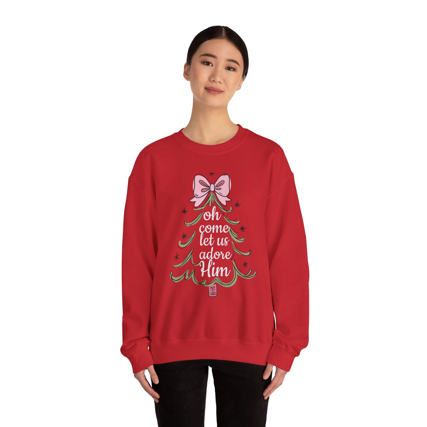Christmas Tree Sweatshirt – “Oh Come Let Us Adore Him” Holiday Crewneck