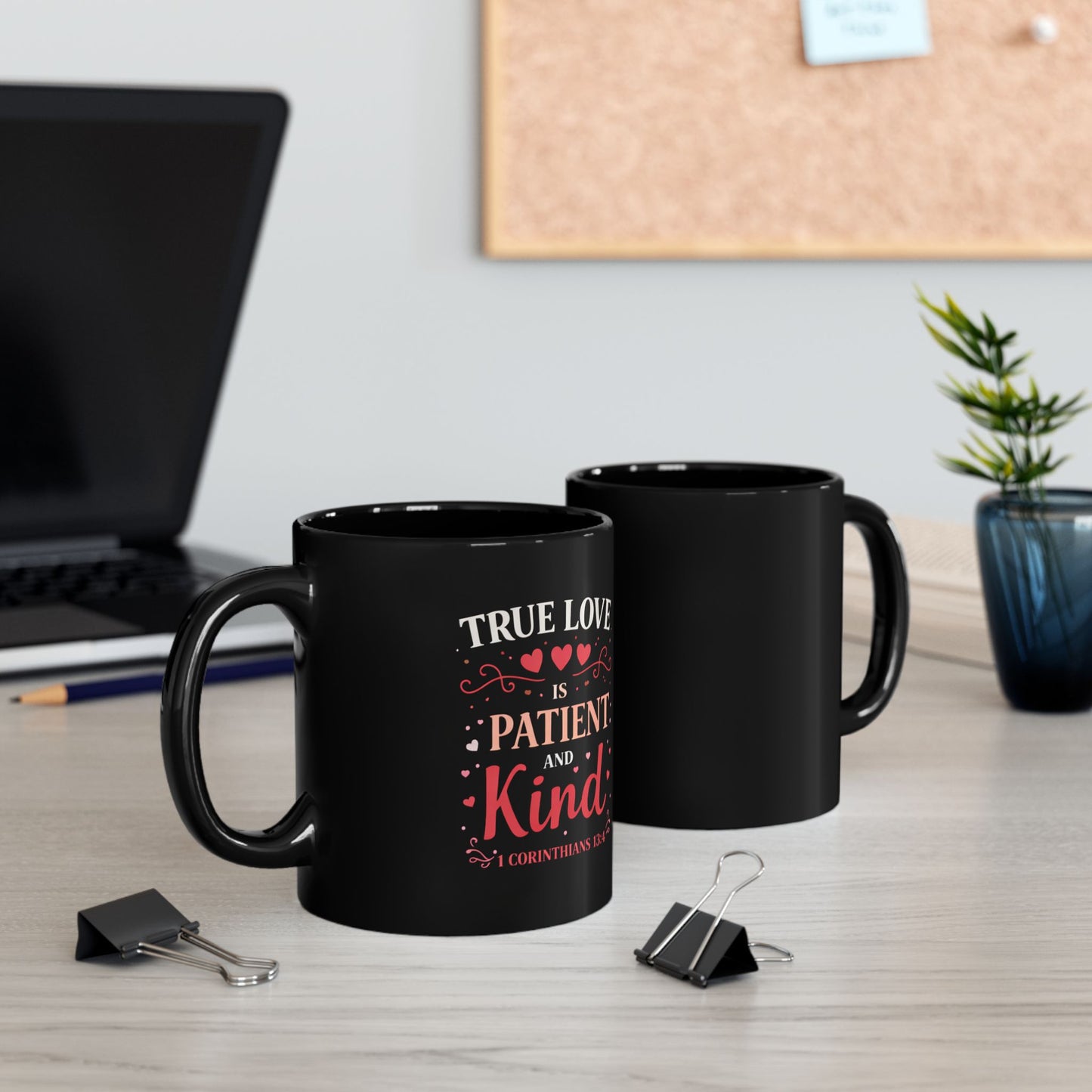 Black Ceramic Mug – "Love is Patient and Kind" Inspirational Christian Coffee Cup (11oz & 15oz)