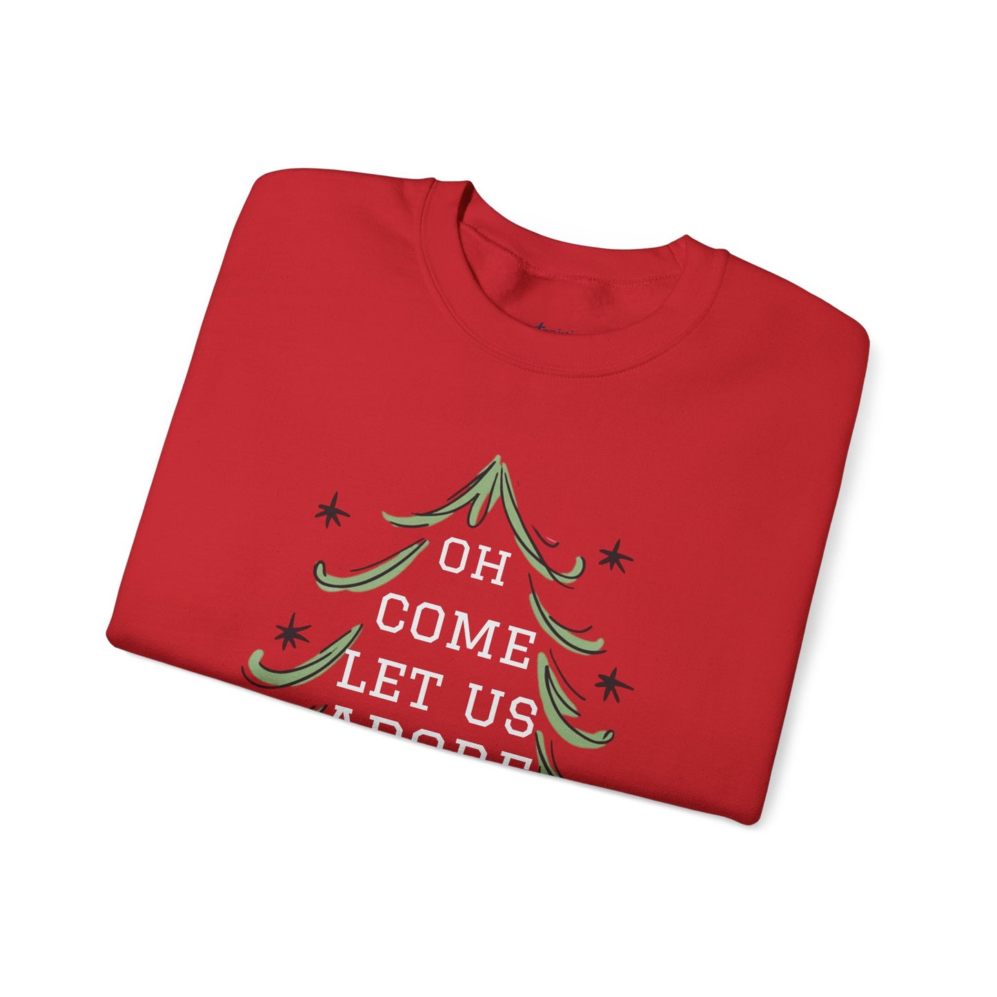 Unisex-Oh Come Let Us Adore Him Sweatshirt — Christmas Tree Nativity Holiday Crewneck
