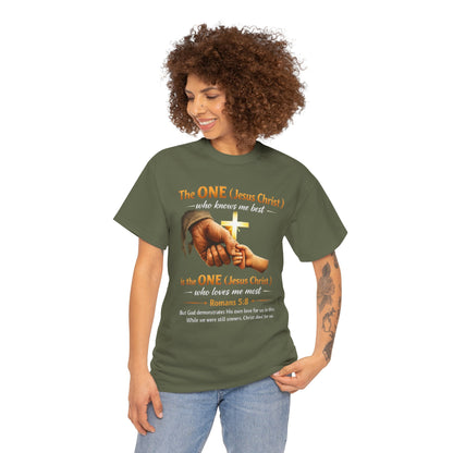 Christian T-Shirt — "The ONE (Jesus Christ)" Cross & Romans 5:8 Inspirational Tee