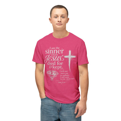 Christian Faith T-Shirt — "I am the sinner whom Jesus died for & kept" Pink Tee