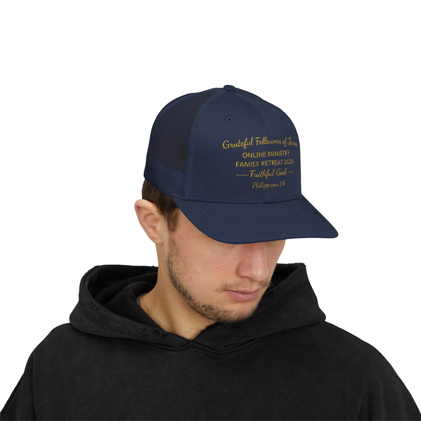 Embroidered Faith Retreat Trucker Cap — 'Faithful God' Family Ministry Snapback