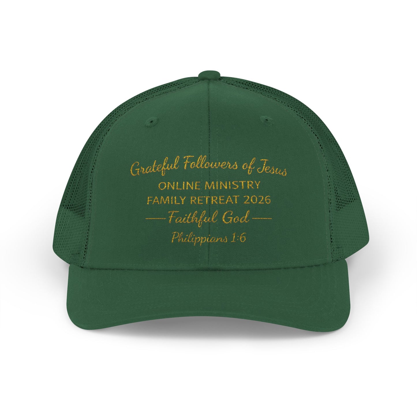 Embroidered Faith Retreat Trucker Cap — 'Faithful God' Family Ministry Snapback