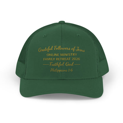 Embroidered Faith Retreat Trucker Cap — 'Faithful God' Family Ministry Snapback