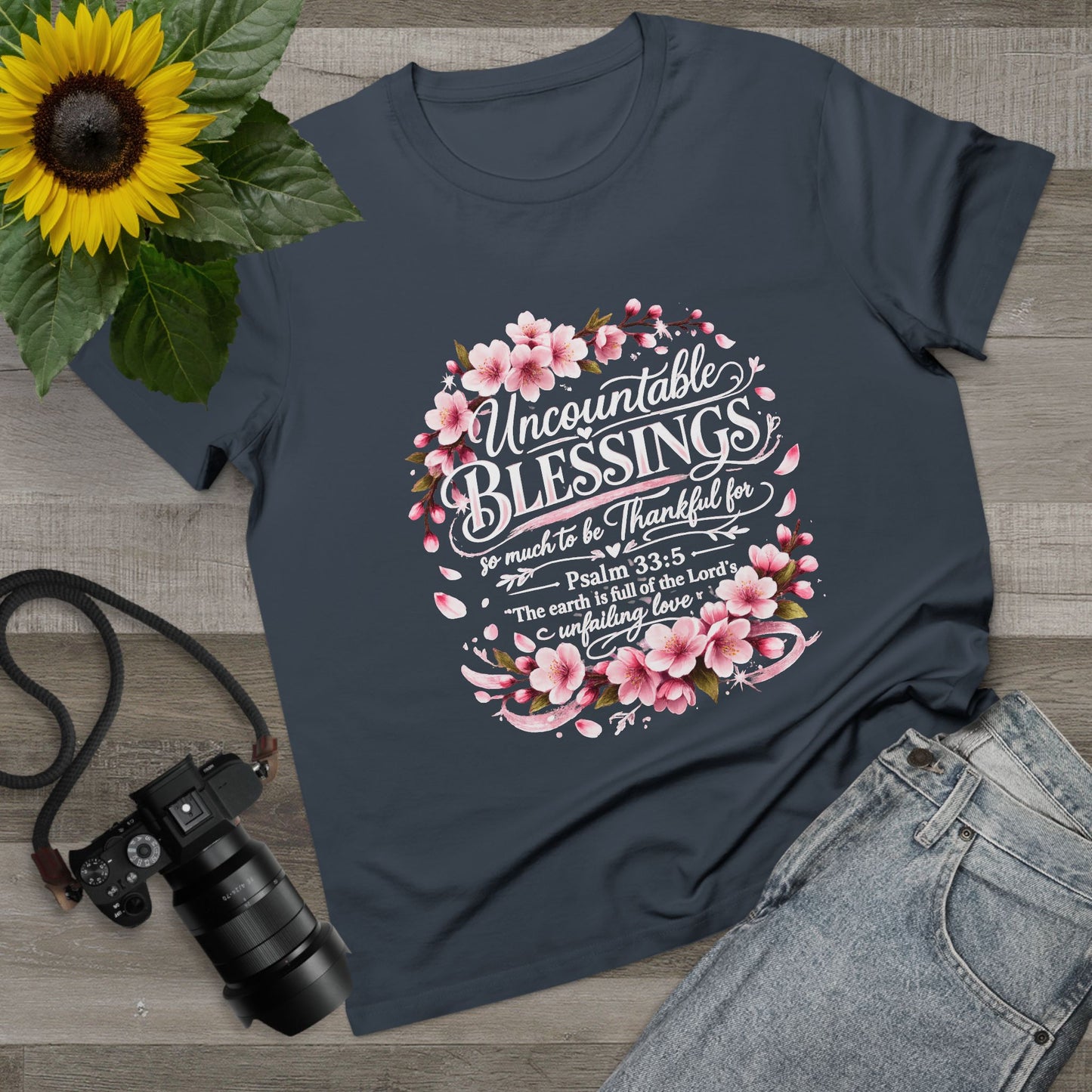 Uncountable Blessings Women’s Tee – Floral Psalm 33:5 Inspirational Shirt