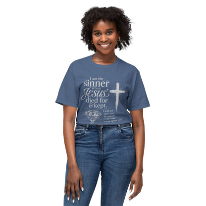 Christian Faith T-Shirt — "I am the sinner whom Jesus died for & kept" Pink Tee