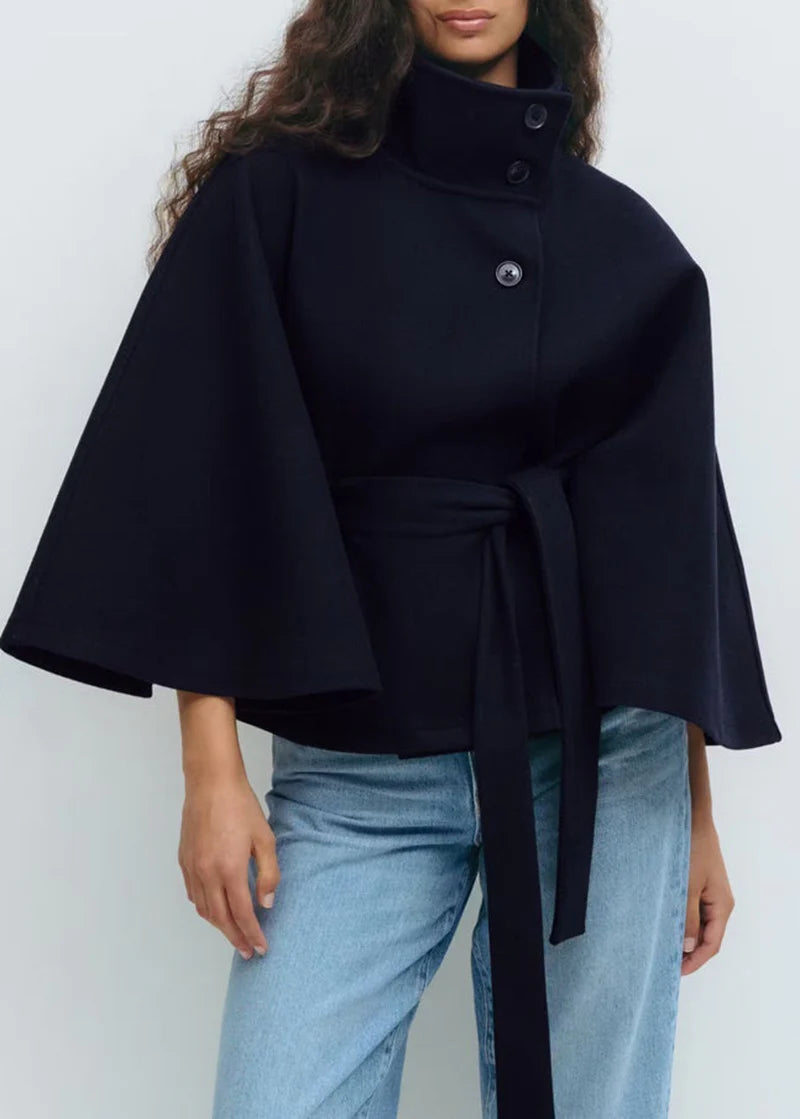 Winter High Neck Batwing Sleeve Coat with Belt Fashion Loose Elegant Button Top Trench Coat for Women Clothing