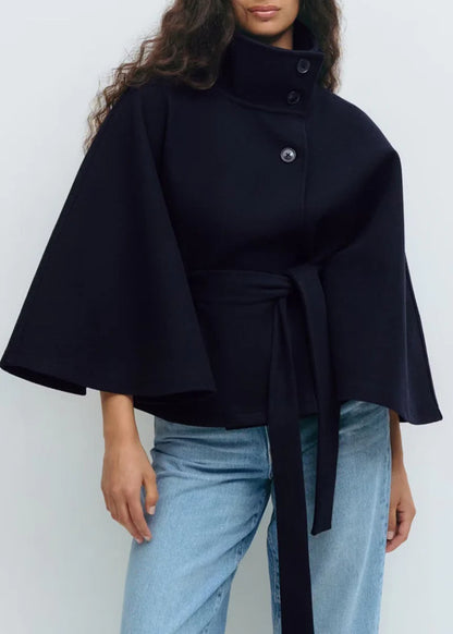 Winter High Neck Batwing Sleeve Coat with Belt Fashion Loose Elegant Button Top Trench Coat for Women Clothing