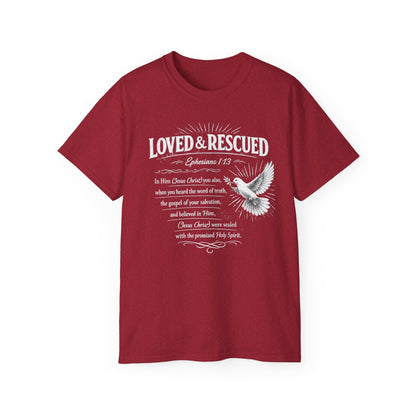 Loved & Rescued Tee — Ephesians 1:13 Christian Dove T‑Shirt