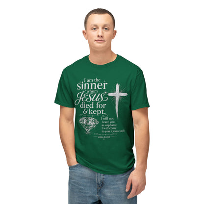 Christian Faith T-Shirt — "I am the sinner whom Jesus died for & kept" Pink Tee