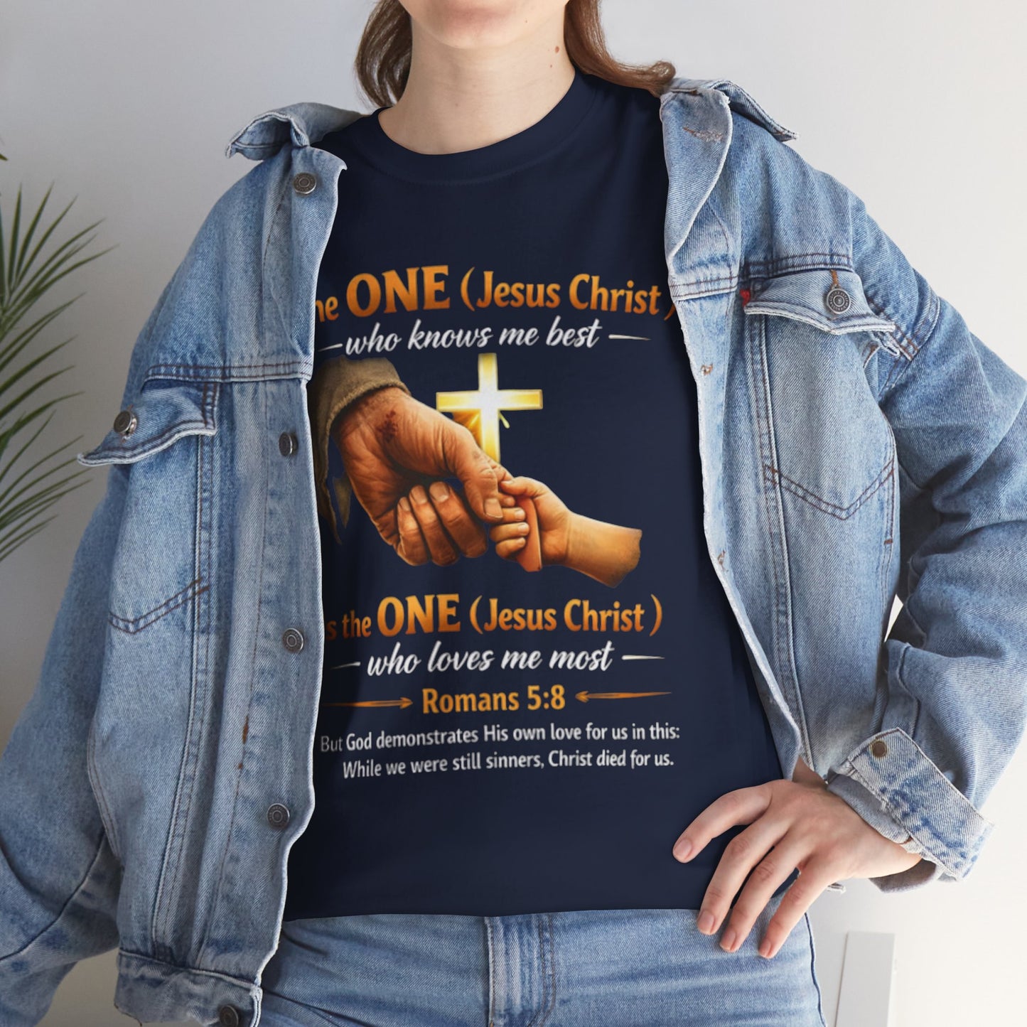 Christian T-Shirt — "The ONE (Jesus Christ)" Cross & Romans 5:8 Inspirational Tee