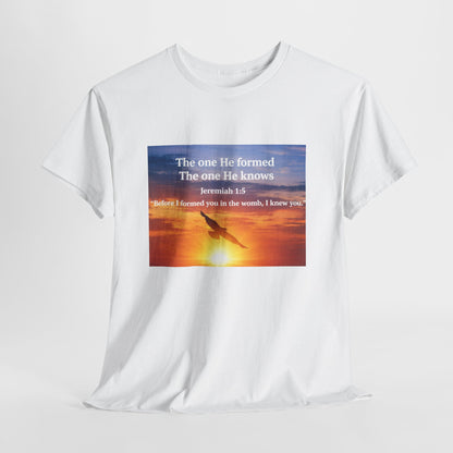 Christian Sunset T-Shirt — "Before I Formed You I Knew You" Scripture Tee