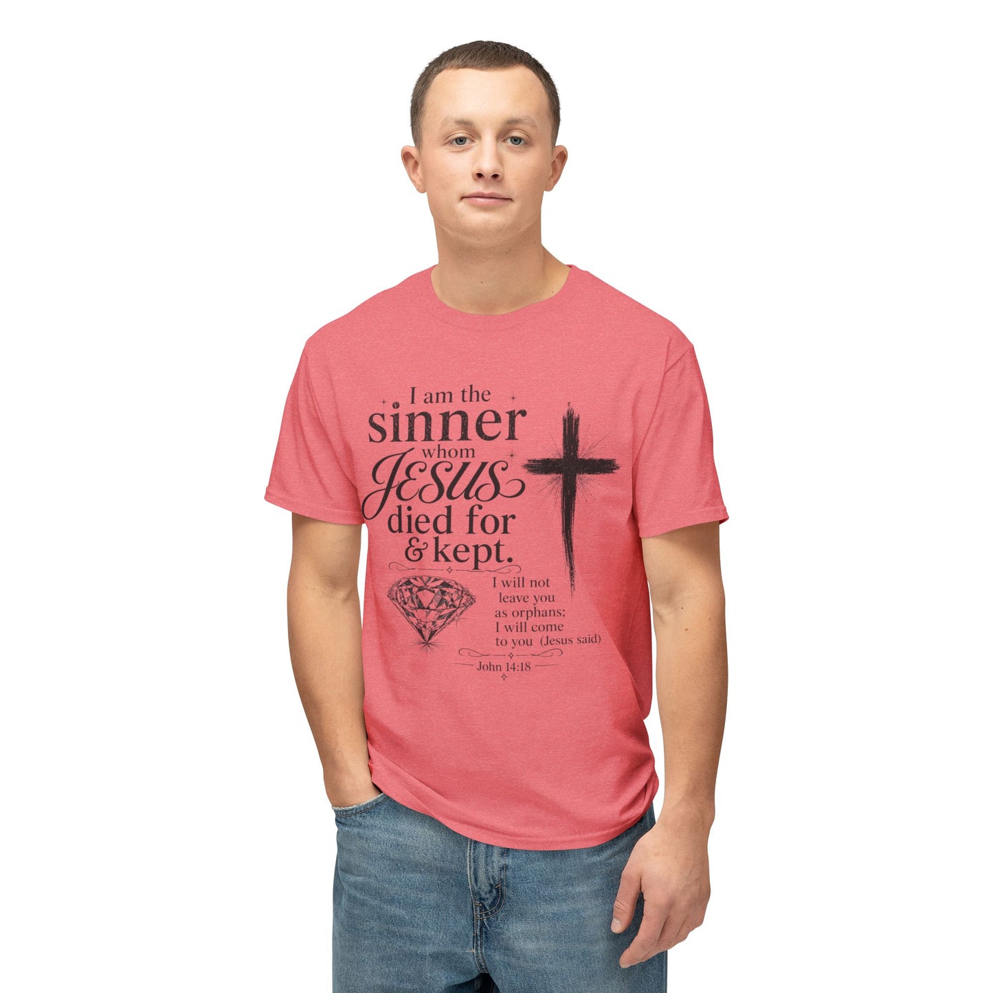 Christian Faith T-Shirt — "I am the sinner whom Jesus died for & kept" Pink Tee