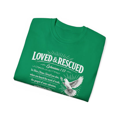 Loved & Rescued Tee — Ephesians 1:13 Christian Dove T‑Shirt