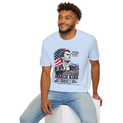 Charlie Kirk Tribute T-Shirt — "Well done, good and faithful servant" Matthew 25:21