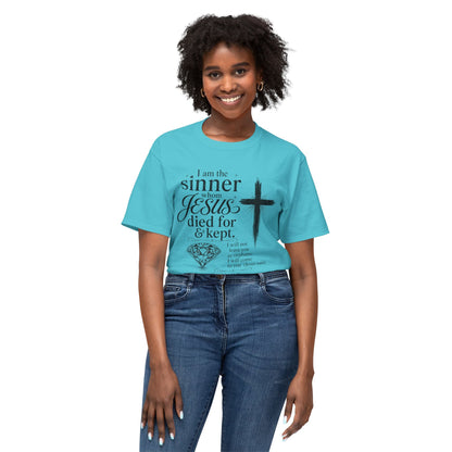 Christian Faith T-Shirt — "I am the sinner whom Jesus died for & kept" Pink Tee