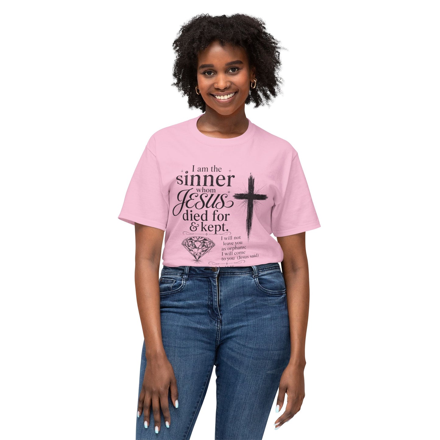 Christian Faith T-Shirt — "I am the sinner whom Jesus died for & kept" Pink Tee
