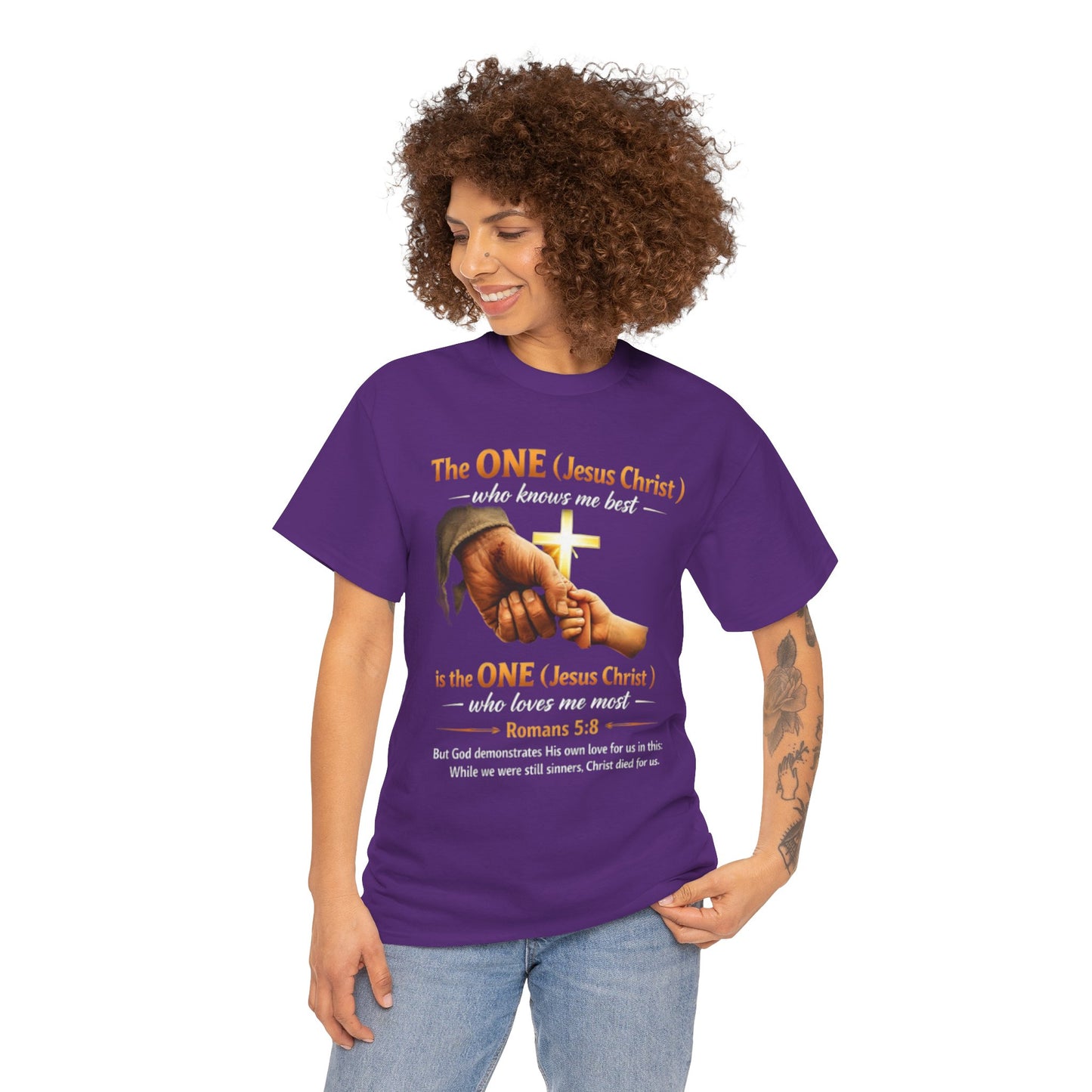 Christian T-Shirt — "The ONE (Jesus Christ)" Cross & Romans 5:8 Inspirational Tee