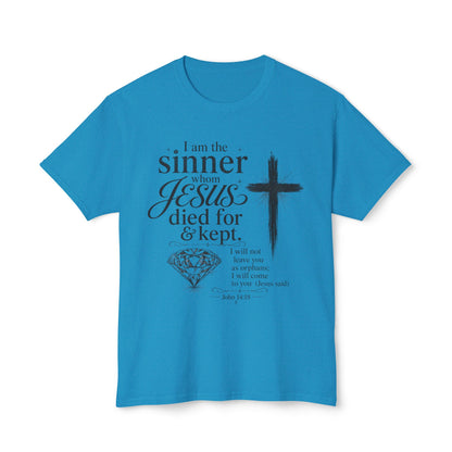 Christian Faith T-Shirt — "I am the sinner whom Jesus died for & kept" Pink Tee