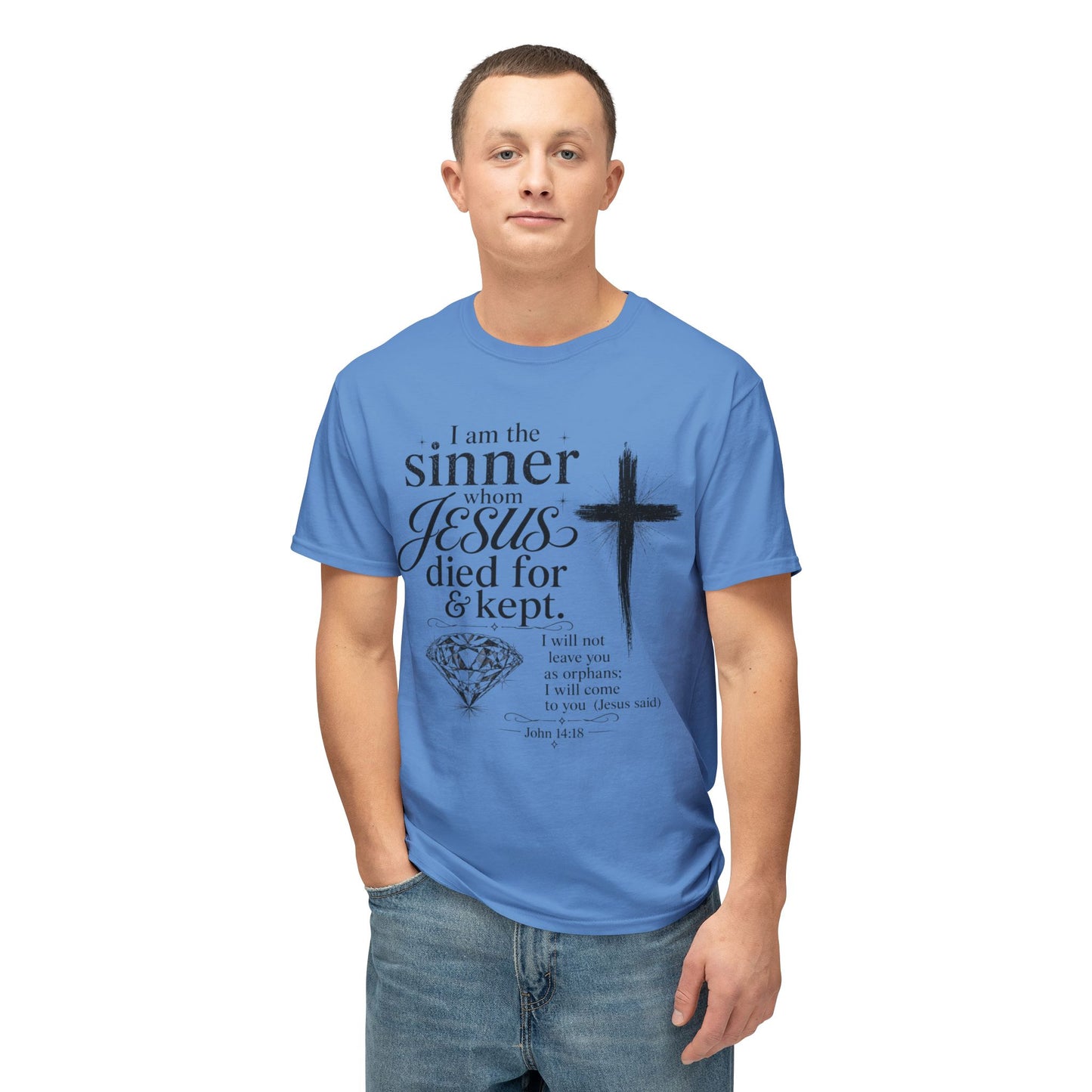 Christian Faith T-Shirt — "I am the sinner whom Jesus died for & kept" Pink Tee