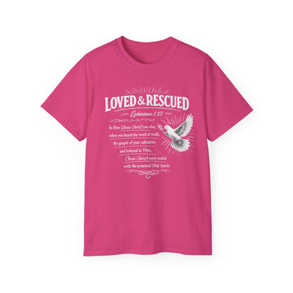 Loved & Rescued Tee — Ephesians 1:13 Christian Dove T‑Shirt