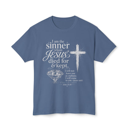 Christian Faith T-Shirt — "I am the sinner whom Jesus died for & kept" Pink Tee