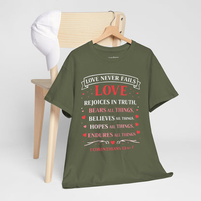 Love Never Fails T-Shirt — 1 Corinthians 13:6-7 Christian Faith Tee