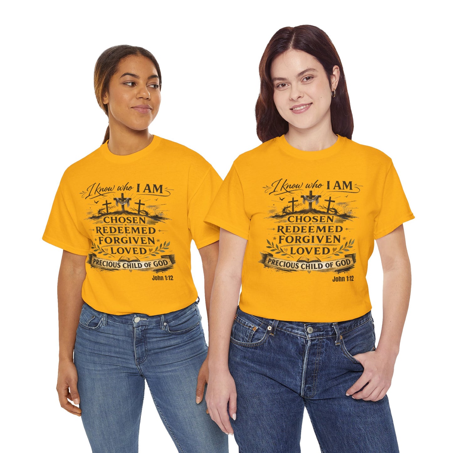 Christian Tee – "I Know Who I Am: Chosen, Redeemed, Forgiven, Loved" Spiritual Faith T-Shirt
