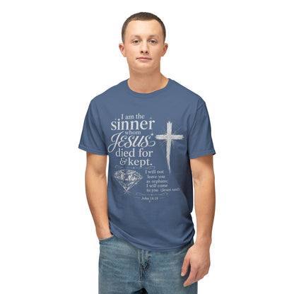 Christian Faith T-Shirt — "I am the sinner whom Jesus died for & kept" Pink Tee