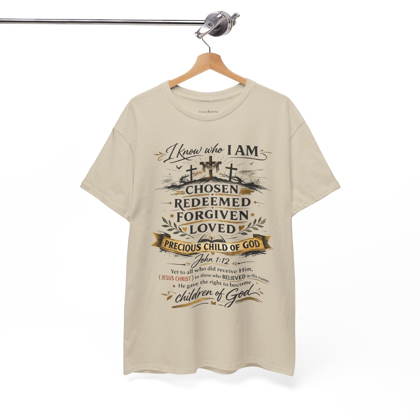 Christian Faith T-Shirt – “I Know Who I Am” Chosen, Redeemed, Forgiven Design