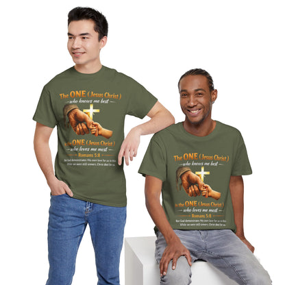 Christian T-Shirt — "The ONE (Jesus Christ)" Cross & Romans 5:8 Inspirational Tee