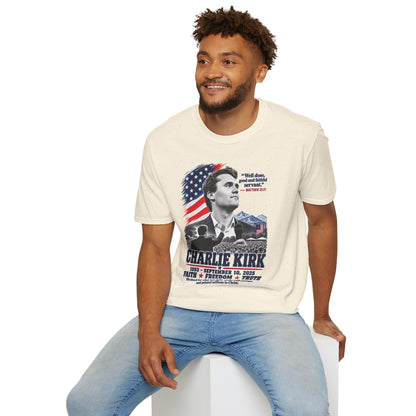 Charlie Kirk Tribute T-Shirt — "Well done, good and faithful servant" Matthew 25:21