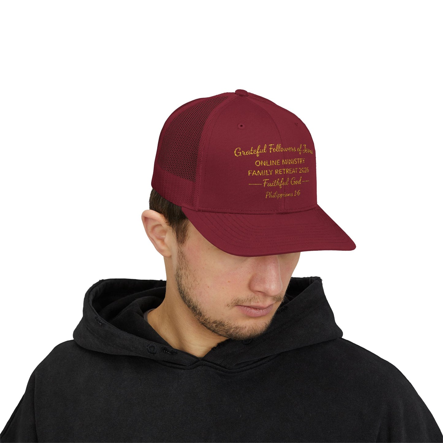 Embroidered Faith Retreat Trucker Cap — 'Faithful God' Family Ministry Snapback