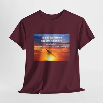 Christian Sunset T-Shirt — "Before I Formed You I Knew You" Scripture Tee