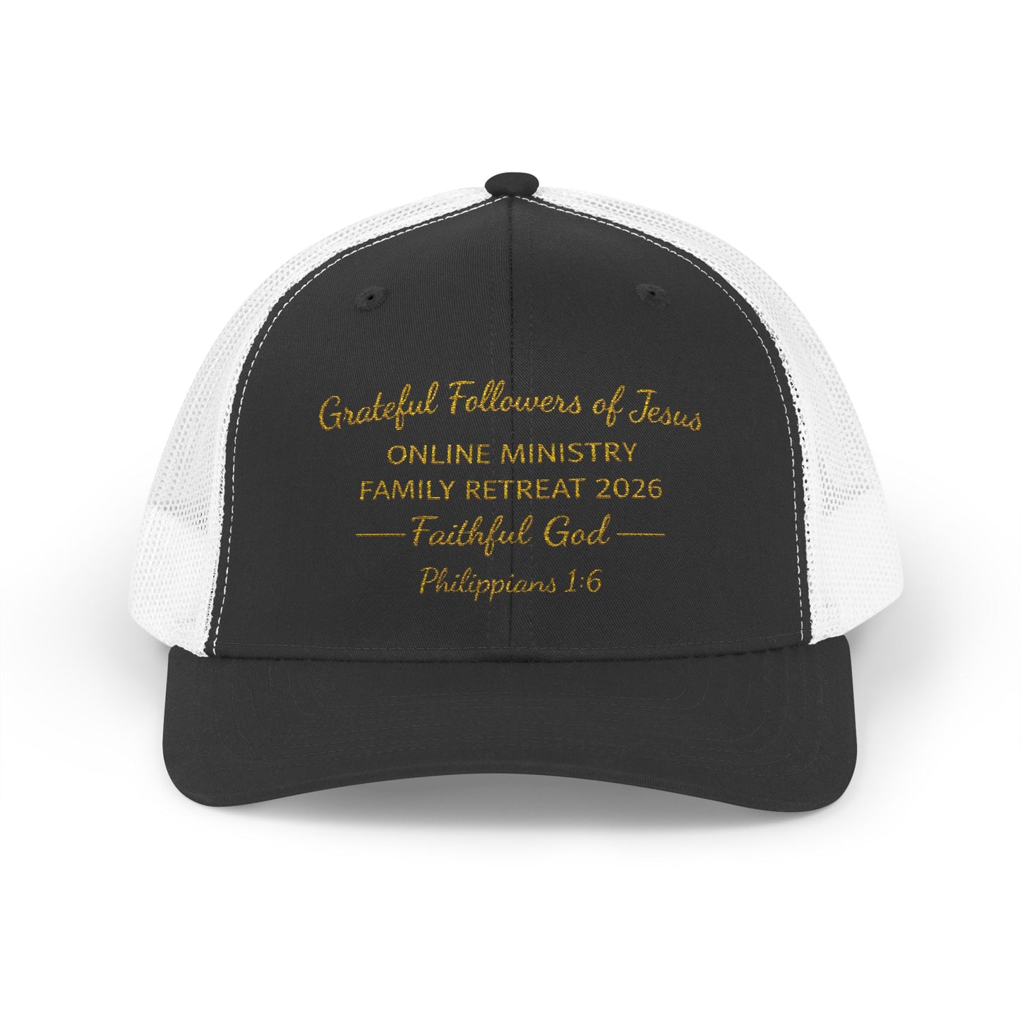 Embroidered Faith Retreat Trucker Cap — 'Faithful God' Family Ministry Snapback