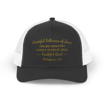 Embroidered Faith Retreat Trucker Cap — 'Faithful God' Family Ministry Snapback