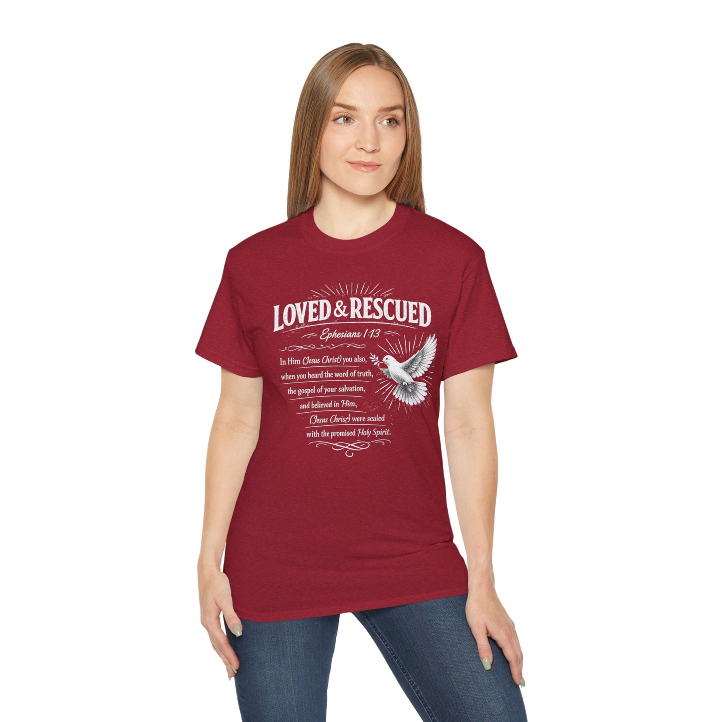 Loved & Rescued Tee — Ephesians 1:13 Christian Dove T‑Shirt