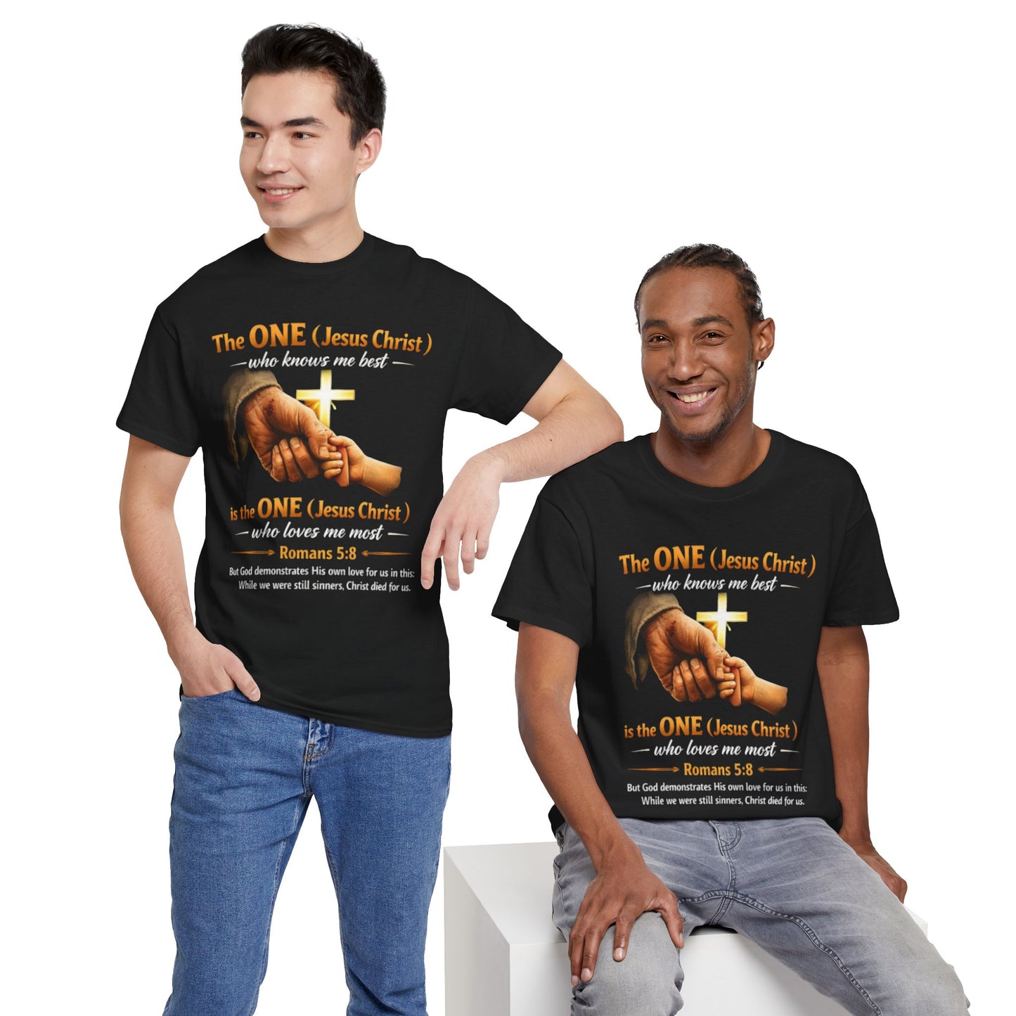 Christian T-Shirt — "The ONE (Jesus Christ)" Cross & Romans 5:8 Inspirational Tee