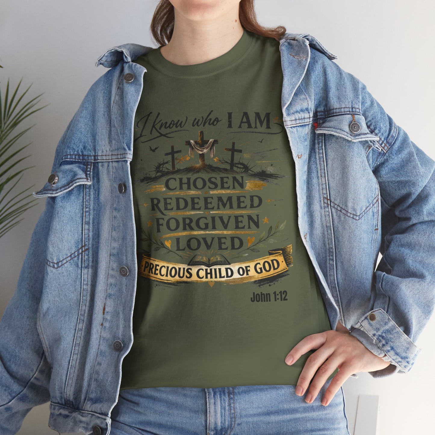 Christian Tee – "I Know Who I Am: Chosen, Redeemed, Forgiven, Loved" Spiritual Faith T-Shirt