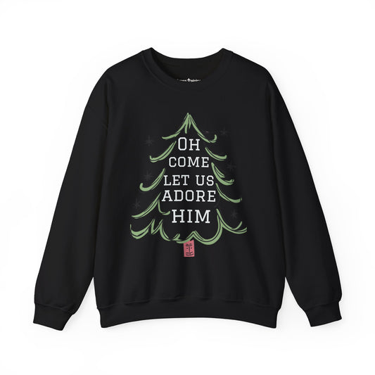 Unisex-Oh Come Let Us Adore Him Sweatshirt — Christmas Tree Nativity Holiday Crewneck