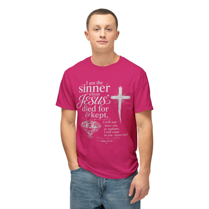 Christian Faith T-Shirt — "I am the sinner whom Jesus died for & kept" Pink Tee