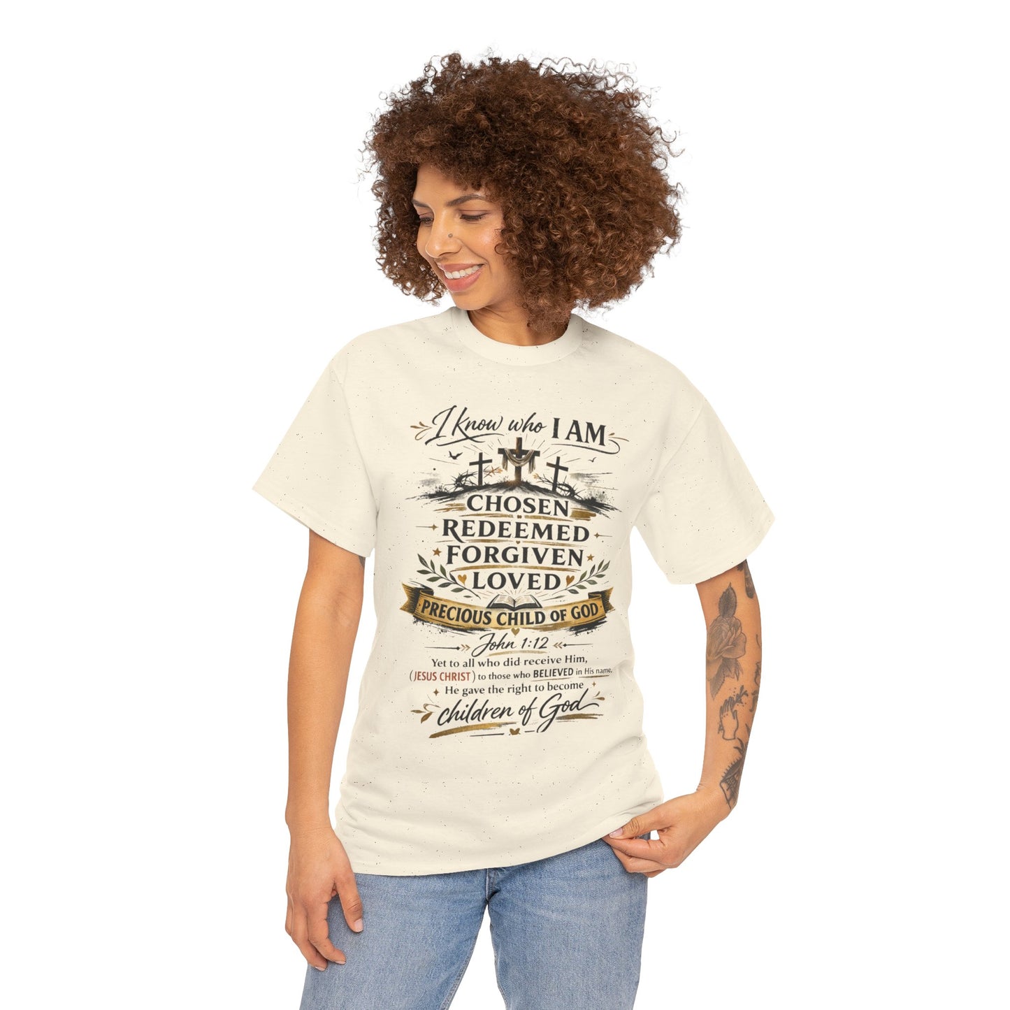 Christian Faith T-Shirt – “I Know Who I Am” Chosen, Redeemed, Forgiven Design