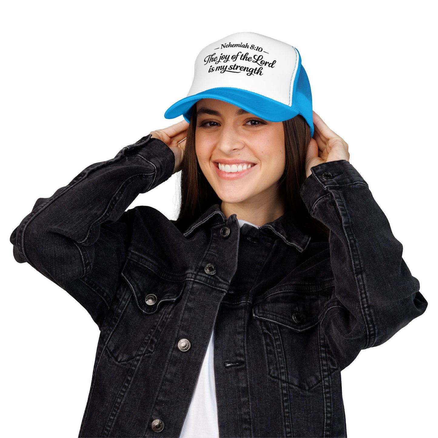 Nehemiah 8:10 Trucker Hat — “The Joy of the Lord Is My Strength” Christian Foam Cap