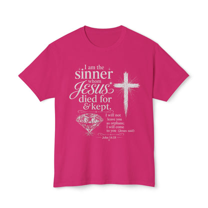 Christian Faith T-Shirt — "I am the sinner whom Jesus died for & kept" Pink Tee