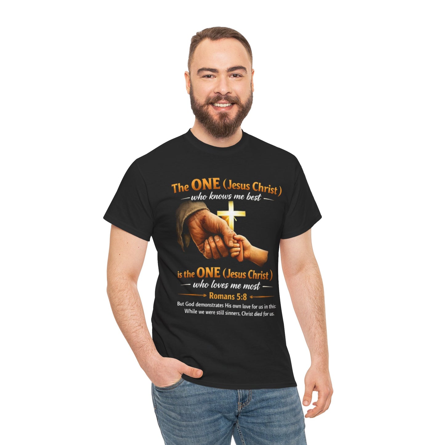 Christian T-Shirt — "The ONE (Jesus Christ)" Cross & Romans 5:8 Inspirational Tee