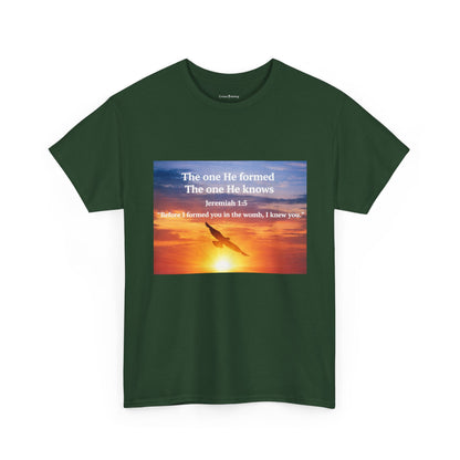 Christian Sunset T-Shirt — "Before I Formed You I Knew You" Scripture Tee