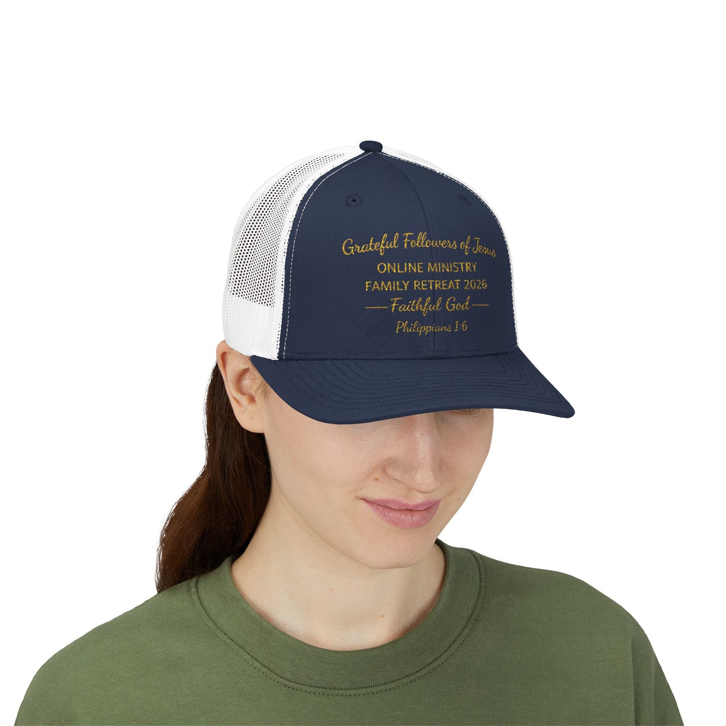 Embroidered Faith Retreat Trucker Cap — 'Faithful God' Family Ministry Snapback