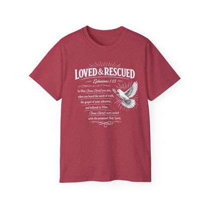 Loved & Rescued Tee — Ephesians 1:13 Christian Dove T‑Shirt