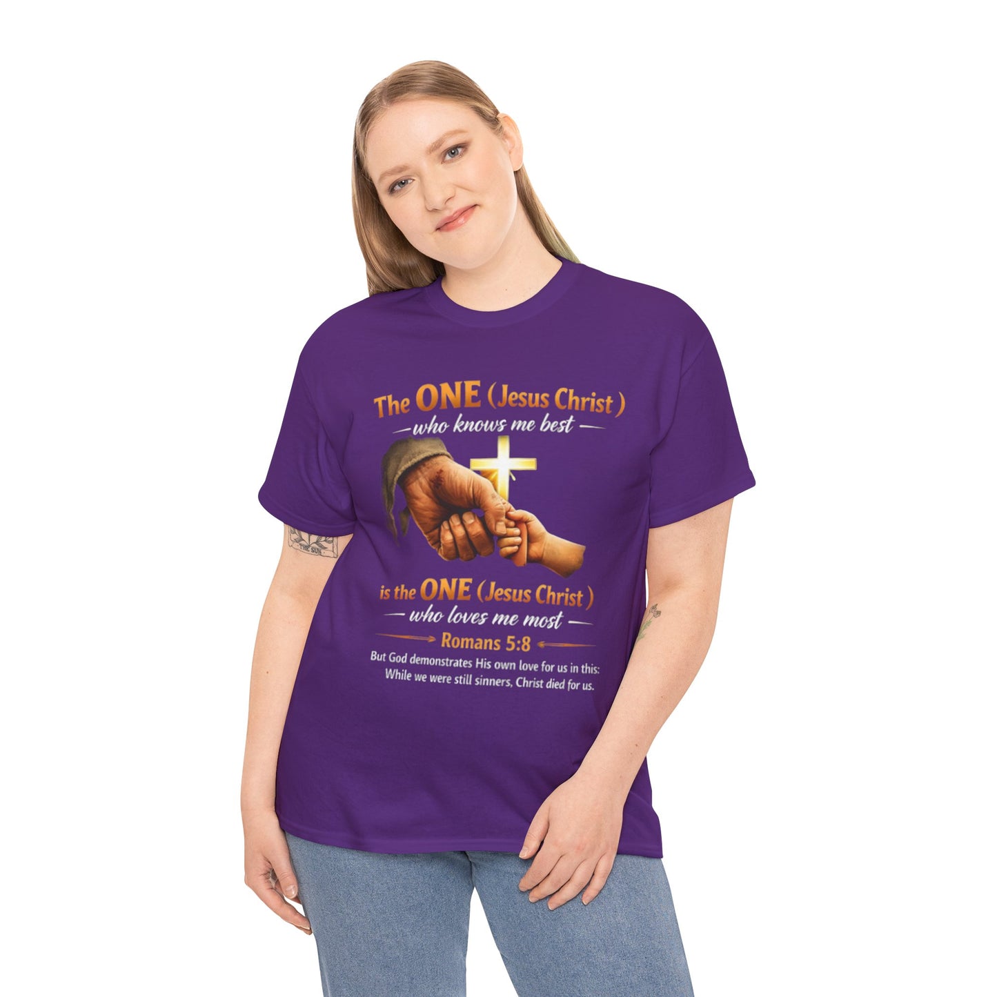 Christian T-Shirt — "The ONE (Jesus Christ)" Cross & Romans 5:8 Inspirational Tee