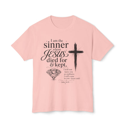 Christian Faith T-Shirt — "I am the sinner whom Jesus died for & kept" Pink Tee